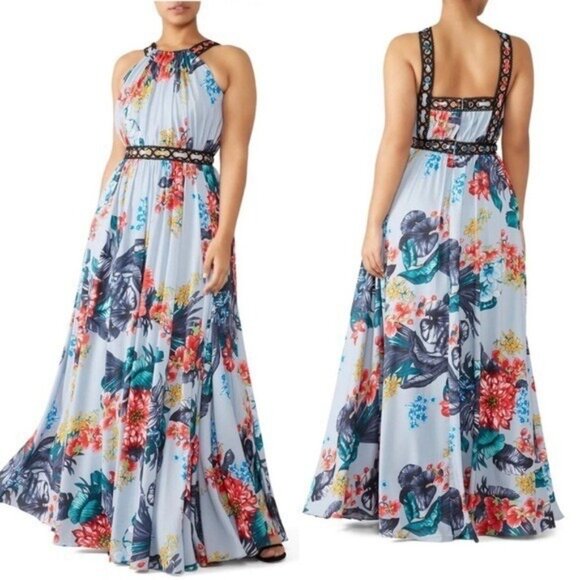Badgley Mischka Floral Grommet Maxi Gown Dress Size 20 Blue Formal Wedding - Picture 1 of 5